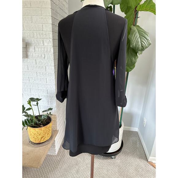 Women LS Black Floral Midi Dress 8 Boho Sheer Lined Quiet Luxury Asymmetric - Picture 7 of 13